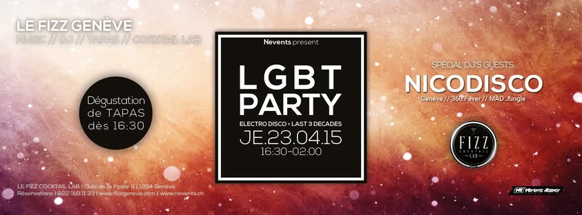 Flyer LGBT Party du 23 avril 2015 au Fizz Genève